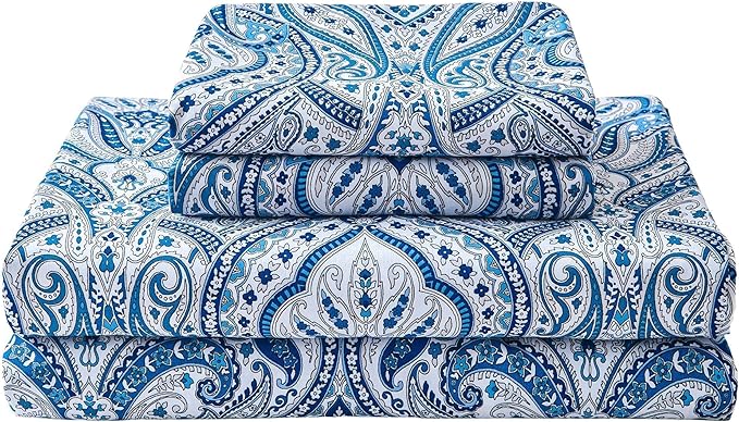 Softan Blue Paisley Printed Bed Sheets Full Size, Floral Sheet Set Full, Brushed Microfiber Patterned Fitted Sheet with 15" Deep Pocket & Non-Slip Straps, Blue Flower Sheets & Pillowcase Set