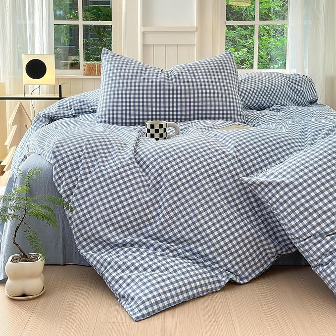 LifeTB Twin XL Comforter Set Blue Gingham Comforter with 2 Pillowcases Modern Plaid Grid Pattern Comforter Set for Men Boys Fluffy Soft Lightweight Bedding Boho Plaid Checkered Comforter Twin XL