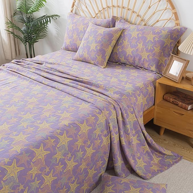 FADFAY Beach Theme Sheets Set King Purple Yellow Starfish Ocean Bedding Coastal Nautical Bedding Super Soft Washed Double -Layer Muslin Sheets 100% Cotton Deep Pocket Fitted Sheet 4Pcs, King Size