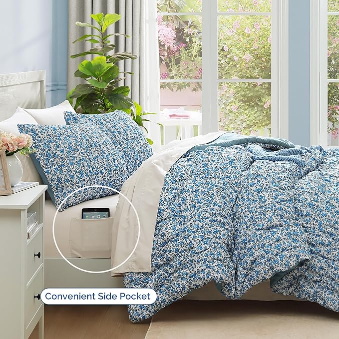 King Comforter Set - 7 Pieces Blue Classic Puff Floral Bedding Sets for All Seasons, Shabby Chic Farmhouse Bed in a Bag King with Wildflowers Fluffy Comforter, Sheets, Pillowcases & Shams