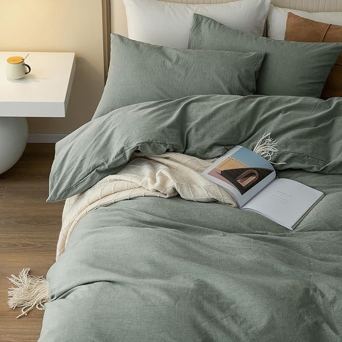 JIYUAN 100% Washed Cotton Duvet Cover Set 3 Pieces Super Queen, 1 Duvet Cover 90x98 Inches(Comforter Not Included) and 2 Pillowcases,Linen Feel Bedding Set Comfy and Breathable, Heathered Green