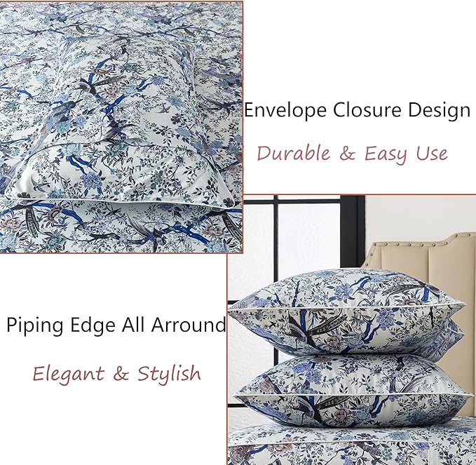 FADFAY Sheets Set Full Botanical Bird Floral Bed Sheets Set Vintage Blue Farmhouse Bedding Shabby Branches Bedding Collections 100% Egyptian Cotton Breathable Soft 17.7" Deep Pocket 4Pcs, Full Size