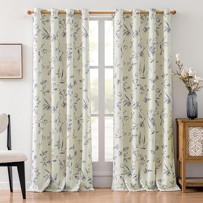 ChrisDowa Beige 100% Blackout Curtains 96 Inches Long 2 Panels for Bedroom Living Room Navy Blue Flower Patterned Room Darkening Thermal Insulated Soundproof Grommet Window Treatments Drapes,52X96