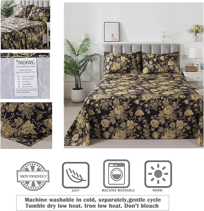 FADFAY Rose Sheets Set Twin Vintage Black Gold Floral Bedding Shabby Peony Botanical Sheets Luxury Farmhouse Bedding 800 Thread Count 100% Egyptian Cotton Deep Pocket Fitted Sheet 4Pcs, Twin Size