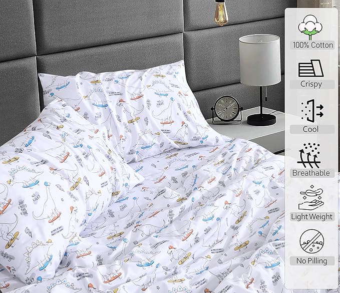 RUVANTI 100% Cotton Full Size Bed Sheets, 4 Pieces, Soft & Breathable Percale Weave Bedding, Deep Pocket 16", Hotel Standard, Crisp Cool Feel, Durable, Perfect Sheet Set Floral, Dino