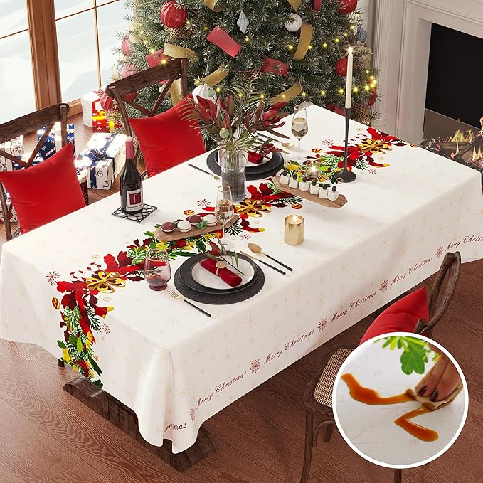 Christmas Rectangle Table Cloth,100% Waterproof Tablecloth,Christmas Decorations for Home, Vinyl Tablecloth Plastic Table Cover for Party，Picnic,Dining,Outdoor 54" x 120",Frosted Wreath