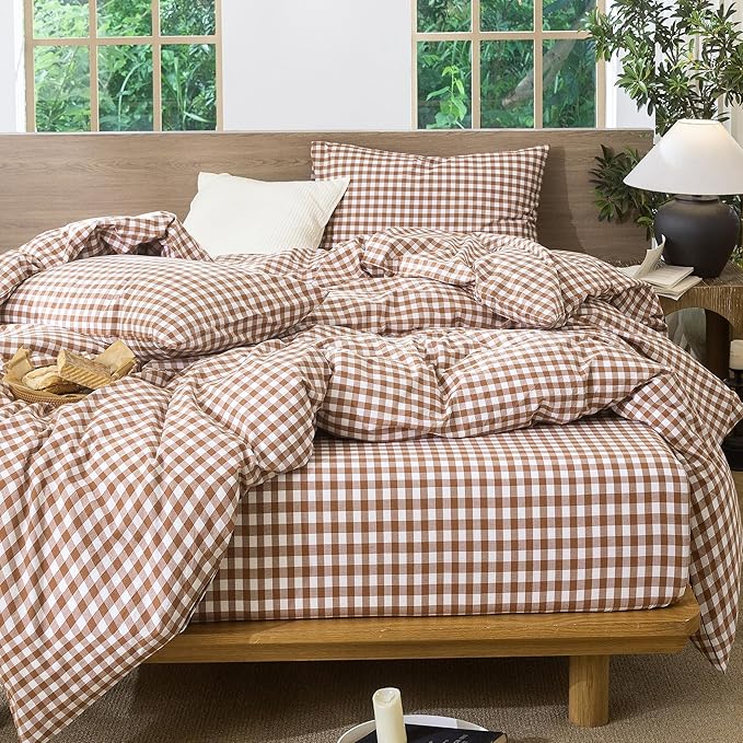 MooMee Gingham Duvet Cover Set 100% Washed Cotton Linen Like Textured Breathable Durable Soft Comfy Modern Checkered Design (Dark Orange Gingham, Palatial King/Oversized King 120"x98")