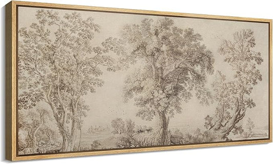 SIGNFORD Extra Large Framed Canvas Print Wall Art Vintage Arboreal Trees in an Etching Illustrations Modern Art Relax/Calm Warm for Living Room, Bedroom, Office - 60"x30"