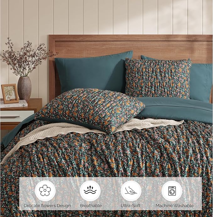 Full Size Comforter Sets-7 Pieces Puff Dark Green Floral Bedding Set for All Seasons, Shabby Chic Farmhouse Bed in a Bag Full with Floral Comforter, Sheets, Pillowcases & Shams