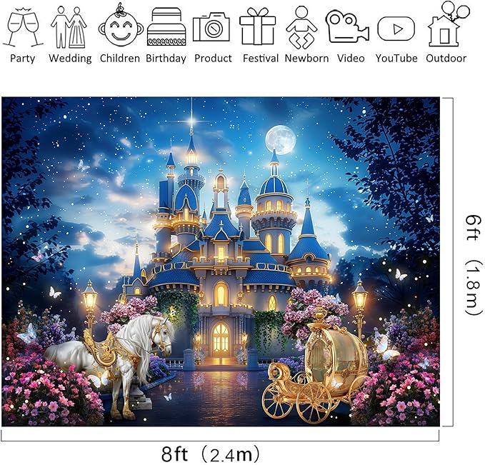 Riyidecor Princess Castle Backdrop Polyester Fabric Garden Floral Starry Night Horse Carriage 8Wx6H Feet Fairy Tale Wonderland Photography Background Wedding Birthday Photo Studio Shoot