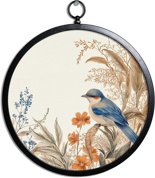 XIAOAIKA Vintage Wall Art with Metal Frame, Round Wood Print Featuring Bluebird and Wildflowers, Boho Wall Decor for Living Room, Bedroom, Kitchen, Entryway, 10 Inch