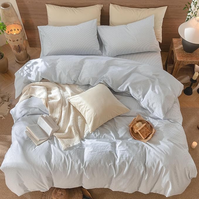 MooMee Striped Duvet Cover Set 100% Washed Cotton Linen Like Textured Breathable Durable Soft Comfy (Cornflower Blue White Pinstripes, King 104"x90")