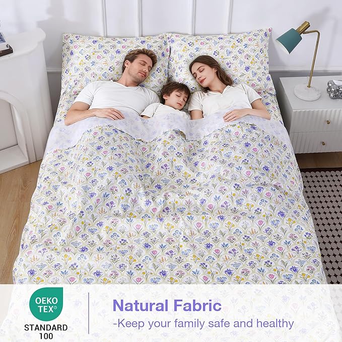 Softan Floral Full Sheet Set, 4-Piece Microfiber Printed Fitted Sheet with 15" Deep Pockets & Non-Slip Straps, Multi Flower Patterned Double Bedding Sheets & Pillowcase Set