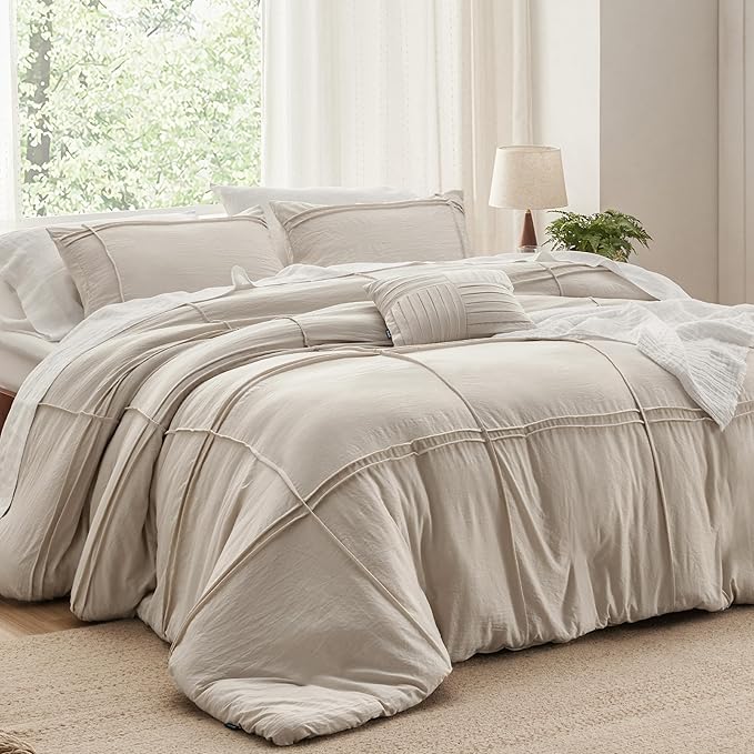Bedsure Grid Boho Duvet Cover King Size - Shabby Chic Tufted Boho Bedding Set, 3 Pieces Shabby Chic Home Bedding for All Seasons, Includes 1 King Duvet Cover & 2 Pillowcases (Light Beige, 104" x 90")