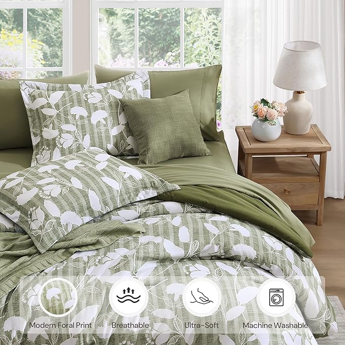 Queen Comforter Set -7 Pieces Botanical Olive Green Comforter for All Seasons, Bed in a Bag Queen with Flowers Floral Comforter, Sheets, Pillowcases & Shams