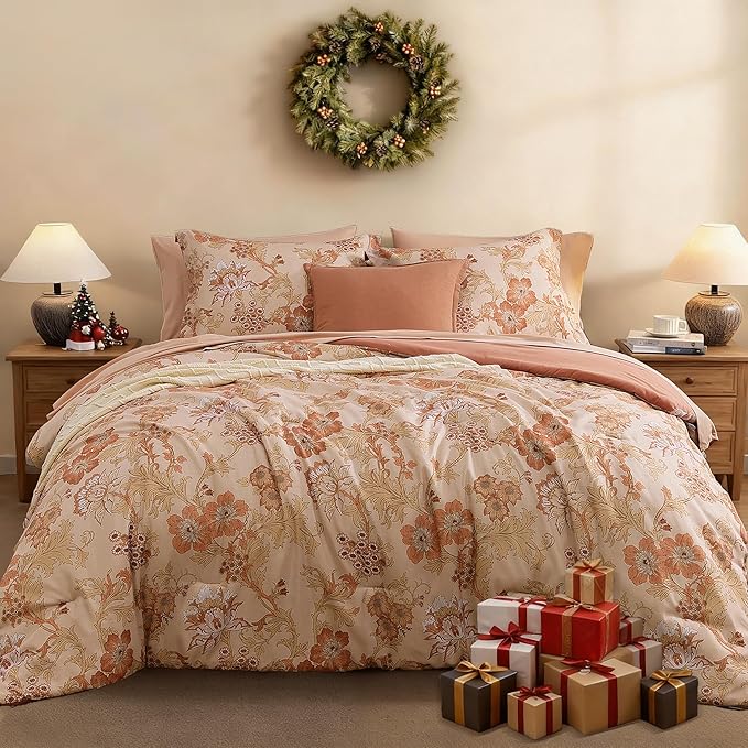 Queen Comforter Set -7 Pieces Terrecotta Floral Comforter Set for All Seasons, Bed in a Bag Queen with Botanical Flowers Comforter, Sheets, Pillowcases & Shams