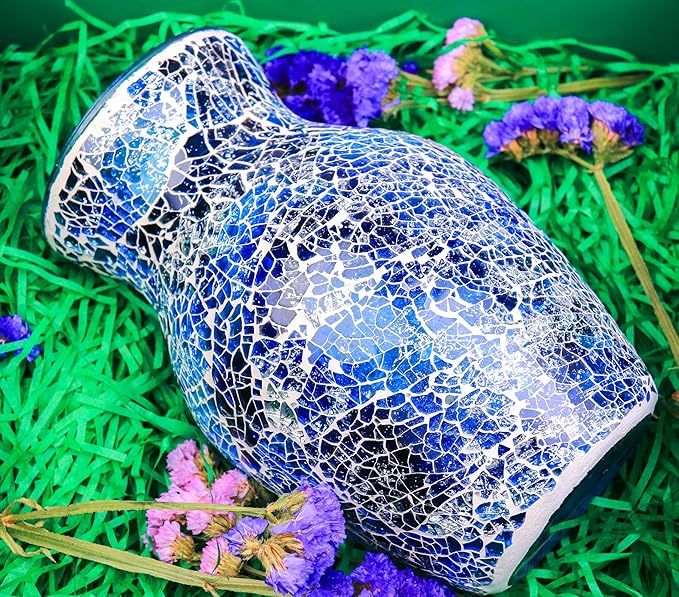 8" H Blue Mosaic Vase.Exquisite Craftsmanship.Decor Home Modern Midsize All Handmade Mosaic Vases .Beautiful Hand-Set Cracked Glass Vase for Home&Office Decor.Unique Gift