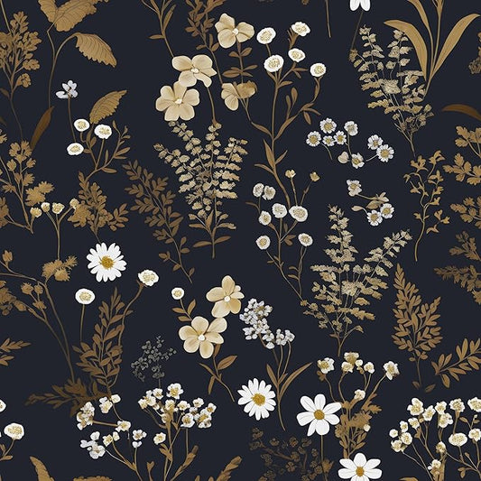 Dark Floral Wallpaper Peel and Stick 17.5in x 78.7in Navy Gold Leaf Wallpaper Vinyl Waterproof Self-Adhesive Dark Blue Botanical Wall Paper Mural for Bookcase Bedroom Cabinet Decor