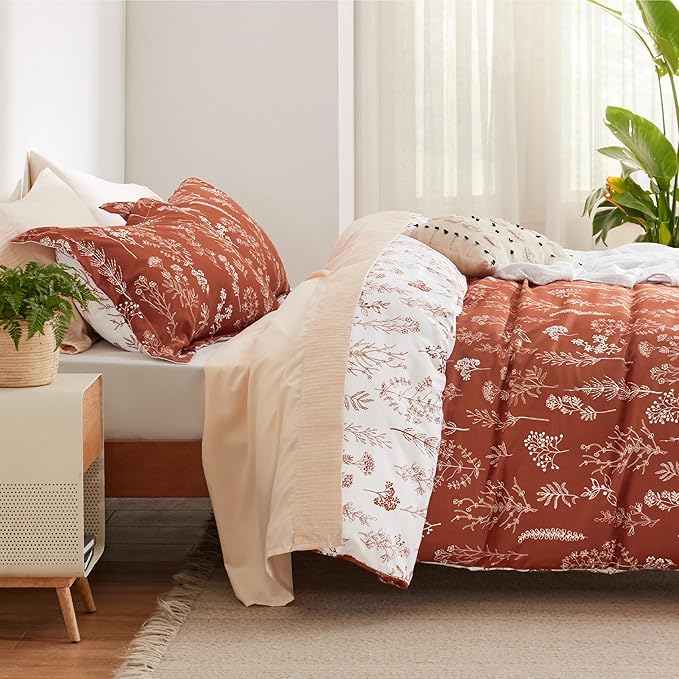 Bedsure Twin/Twin XL Duvet Cover - Reversible Terracotta Duvet Cover Set with Zipper Closure, 2 Pieces Cute Floral Botanical Pattern Bedding Set with 8 Corner Ties and 1 Pillow Sham