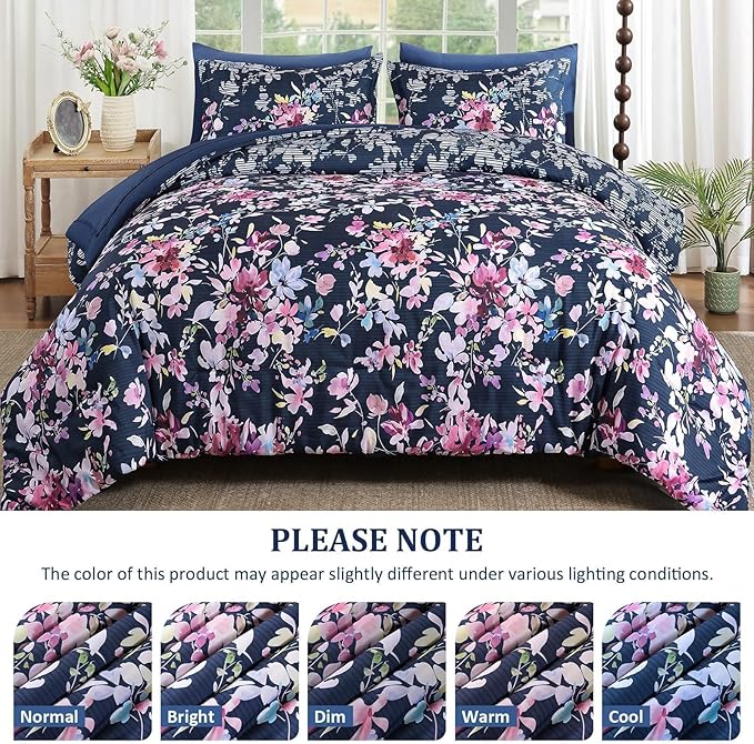 Dobuyly Queen Comforter Set, 7 Pieces Navy Blue Floral Comforter Set, Bed in a Bag Queen with Botanical Flowers Pattern, All Season Farmhouse Queen Size Bedding Set with Sheets, Pillowcases & Shams