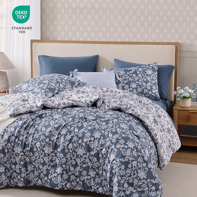 King Comforter Set -7 Pieces Floral Oxford Blue Comforter Set for All Seasons, Bed in a Bag King with Botanical Flowers Comforter, Sheets, Pillowcases & Shams