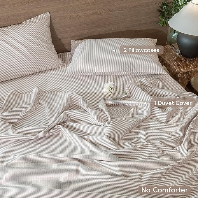 MooMee Striped Duvet Cover Set 100% Washed Cotton Linen Like Textured Breathable Durable Soft Comfy (Orange Pinstripes, Queen 90"x90")