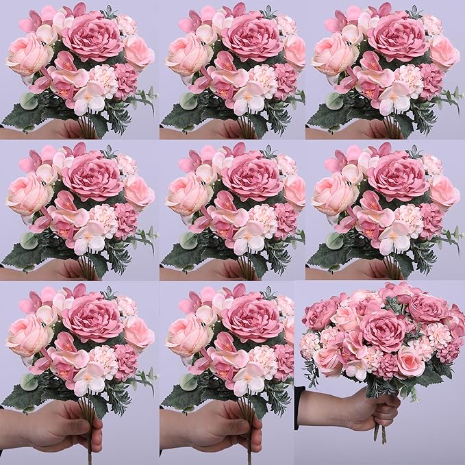 8 Pack Artificial Peony Flowers, Silk Peonies Flowers Fake Peonies Artificial Flowers Peonies Hydrangea Bouquet for Centerpiece Table Wedding Party Home Decor (8, Rose + Pink)