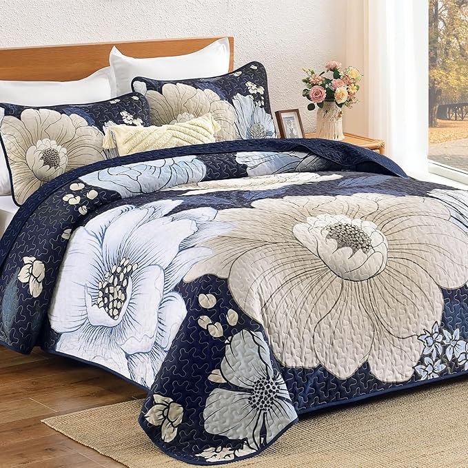 Dintszyayue Blue Quilt Set King, 3 Pieces Floral Bedspreads Lightweight Coverlet Set for All Seasons, Reversible Quilted Printed Bedding Set with 2 Pillow Shams