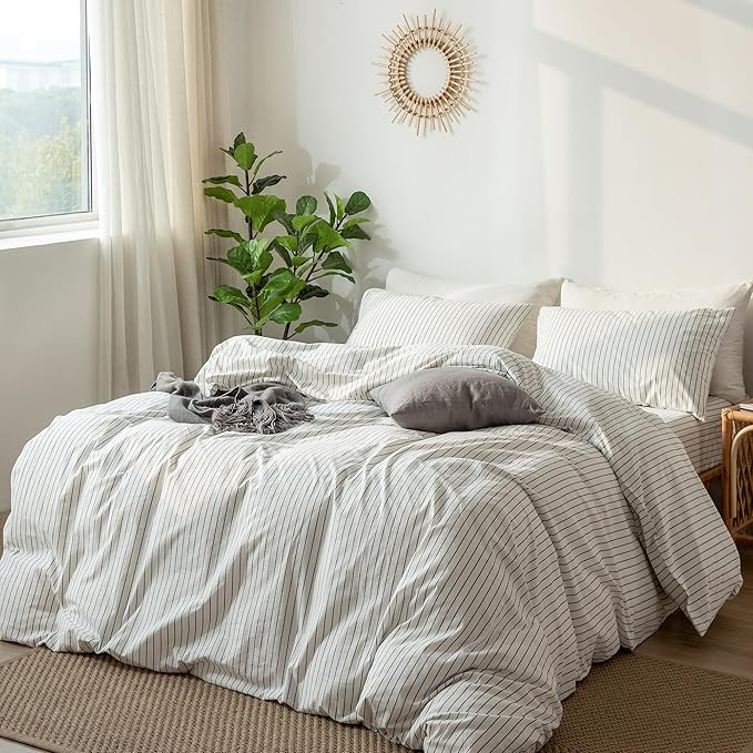 MooMee Striped Duvet Cover Set 100% Washed Cotton Linen Like Textured Breathable Durable Soft Comfy (White Dark Grey Wide Stripes, Oversized Queen 98"x98")