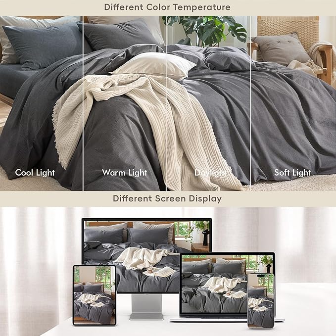 MooMee Bedding Duvet Cover Set 100% Washed Cotton Linen Like Textured Breathable Durable Soft Comfy (Heathered Dark Grey, Cal King 104"x98")