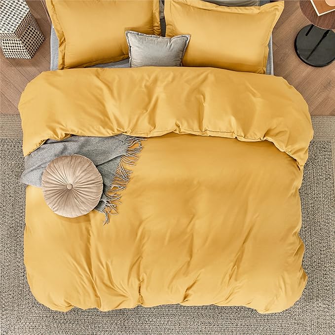 Bedsure Duvet Cover Queen Size - Soft Double Brushed Bedding Set for Kids & Adults, Zipper Closure, 3 Pieces, Includes 1 Duvet Cover (90"x90") & 2 Pillow Shams, NO Comforter, Golden Yellow