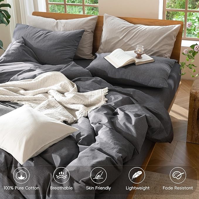 MooMee Bedding Duvet Cover Set 100% Washed Cotton Linen Like Textured Breathable Durable Soft Comfy (Heathered Dark Grey, Queen 90"x90")
