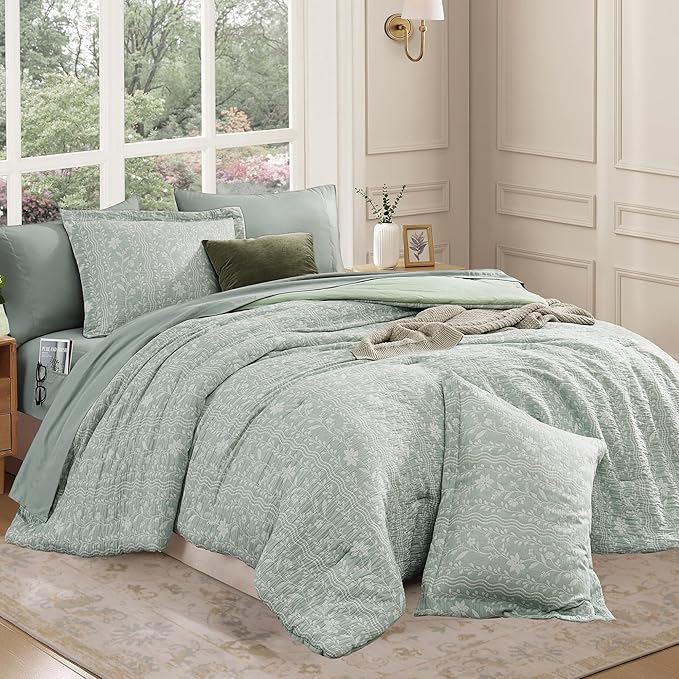 Full Comforter Set -7 Pieces Green Floral Comforter Set for All Seasons, Bed in a Bag Full with Botanical Flowers Comforter, Sheets, Pillowcases & Shams