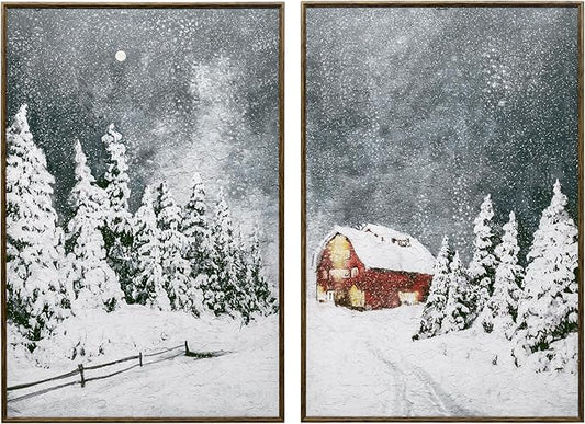 ArtbyHannah Framed Christmas Canvas Wall Art Decor Set of 2, Large Xmas Pictures Prints Paintings for Living Room Bedroom, Winter Holiday Home Indoor Decorations with Red House and Tree (16x24 Inch)