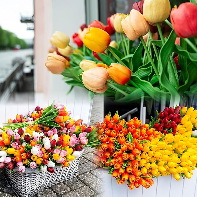Sggvecsy 30 Pcs Fake Tulips Artificial Flowers Real Touch PU Faux Flowers Tulip Stems for Wedding Spring Bouquet Floral Arrangement Home Party Office Decorations for Mother's Day (Multi Colors)