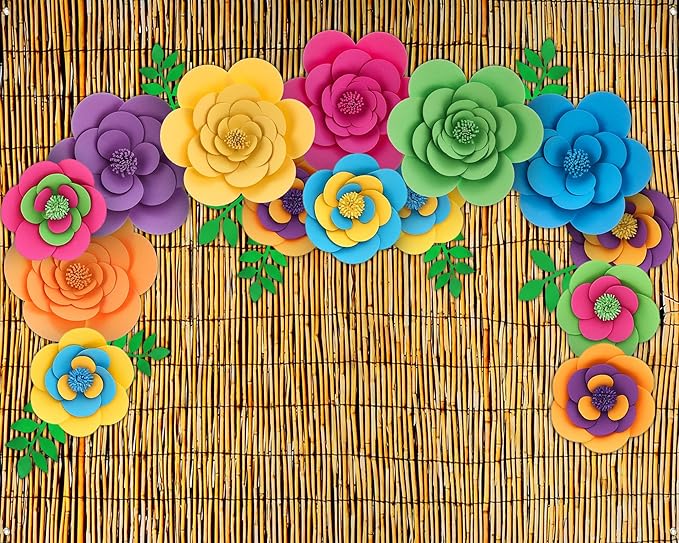 Frienda 36 Pcs DIY Paper Flower Decor Set with 83x59 Inch Custom Background Cloth and Rope, Artificial 3D Flower Wall Decor for Wall Bulletin Board Wedding Halloween Mexican Festive Party (Reed)