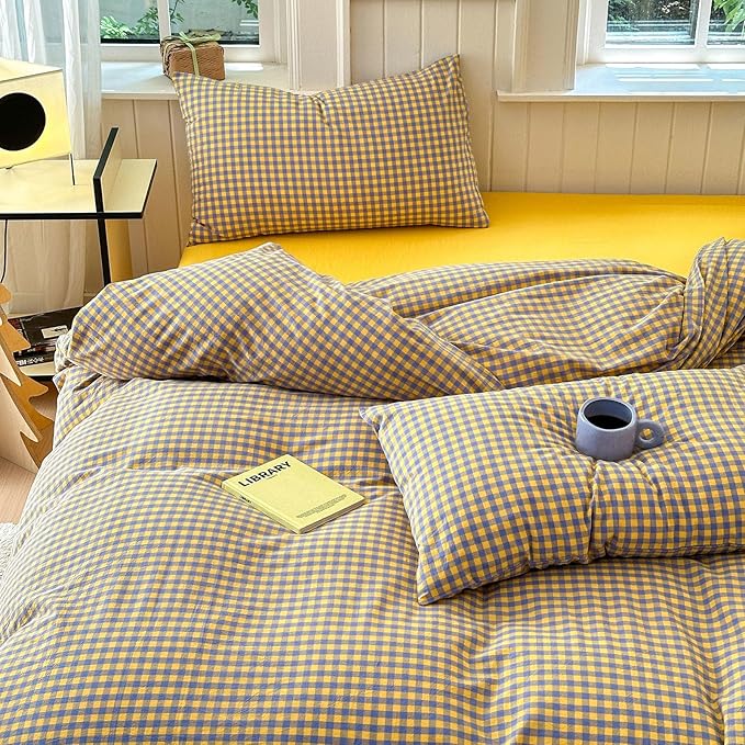 LifeTB Gingham Comforter Set Twin XL Modern Style Purple Yellow Plaid Comforter Set 3 Pieces Soft Fluffy Grid Checkered Pattern Comforter with 2 Pillowcases Farmhouse Gingham Bedding Set Twin XL