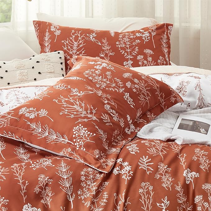 Bedsure Duvet Cover Queen Size - Reversible Terracotta Queen Duvet Cover Set with Zipper Closure, 3 Pieces Floral Patterned Bedding Set with 8 Corner Ties and 2 Pillow Shams