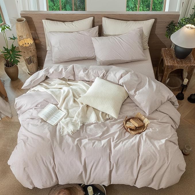 MooMee Striped Duvet Cover Set 100% Washed Cotton Linen Like Textured Breathable Durable Soft Comfy (Orange Pinstripes, Twin 68"x90")