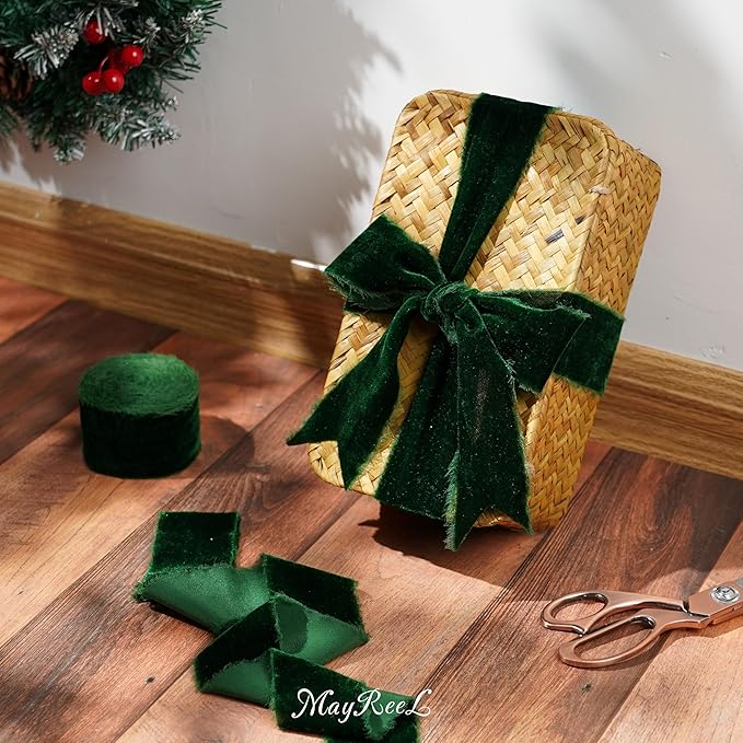 MAYREEL 2 Inch Green Velvet Ribbon Hand Torn Forest Green Silk Frayed Edge for Christmas Gift Wrapping Bridal Bouquets Invitations Wedding Vow Books Gift Baskets 3 Yards