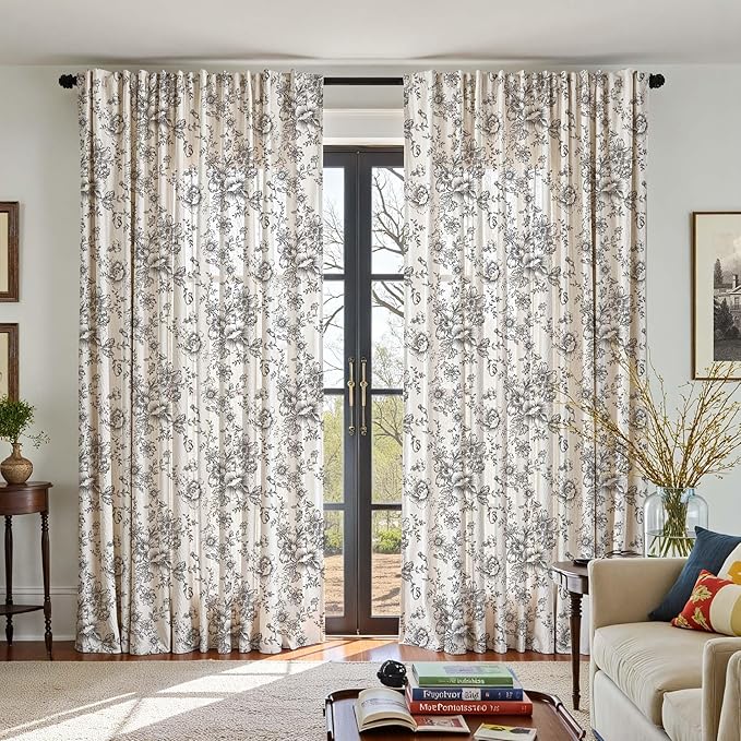 jinchan Linen Floral Curtains 100 Inch Extra Wide for Patio Sliding Glass Door Room Divider Curtain for Living Room 96 Inch Length Farmhouse Peony Black Printed Curtain Set 1 Panel