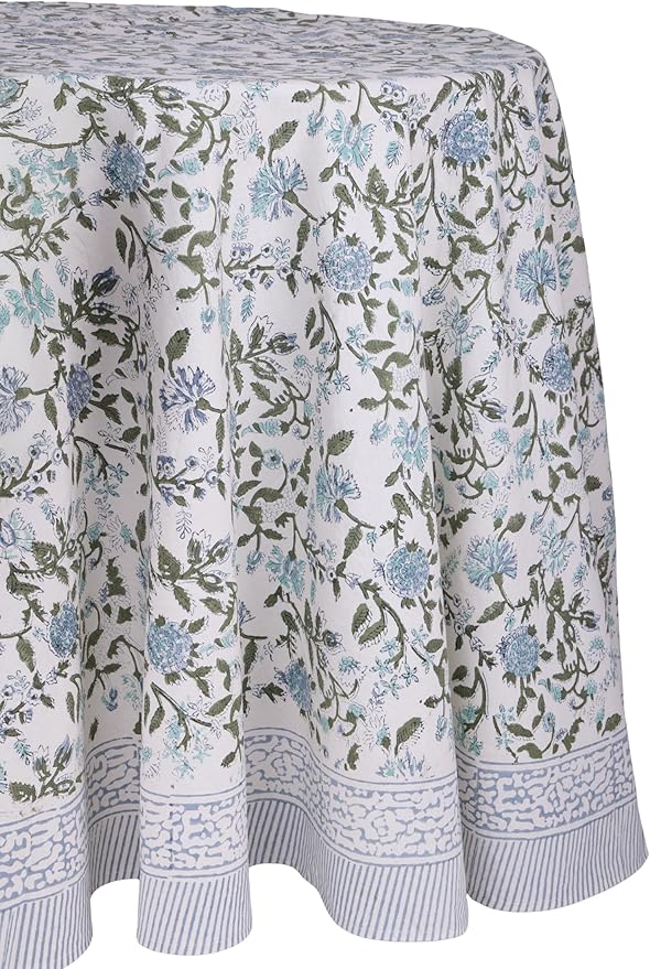 ATOSII Mahoka Blue 100% Cotton Round Tablecloth, Block Print Floral Table Cloth for Dining, Parties, Weddings, Outdoors, Holidays I 72" Inches, 4 Seater I Grandmillennial Farmhouse Boho Summer