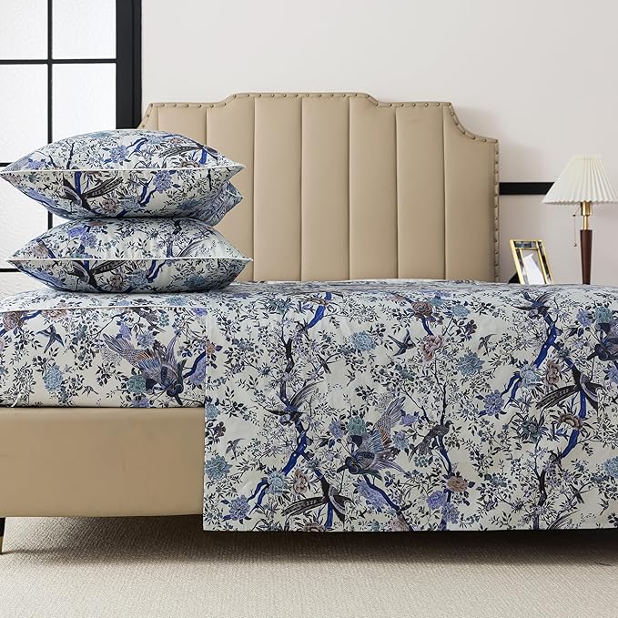 FADFAY Sheets Set Full Botanical Bird Floral Bed Sheets Set Vintage Blue Farmhouse Bedding Shabby Branches Bedding Collections 100% Egyptian Cotton Breathable Soft 17.7" Deep Pocket 4Pcs, Full Size