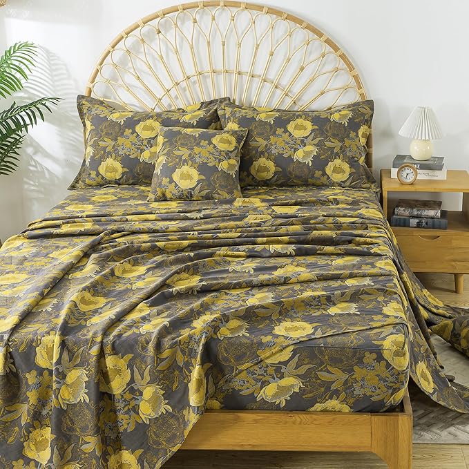 FADFAY Floral Sheets Set Queen Vintage Grey Yellow Floral Bedding Shabby Peony Farmhouse Bedding Super Soft Washed Double -Layer Muslin Sheets 100% Cotton Deep Pocket Fitted Sheet 4Pcs, Queen Size