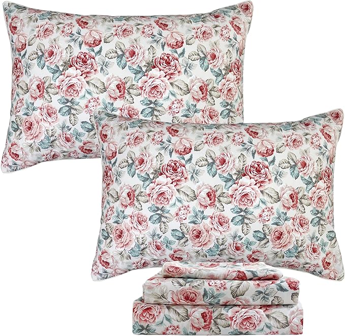 FADFAY Rose Floral Sheets Queen Vintage Red Floral Bedding Shabby Rustic Rose Sheets French Country Farmhouse Bedding 800 Thread Count 100% Egyptian Cotton Deep Pocket Fitted Sheet 4Pcs, Queen Size