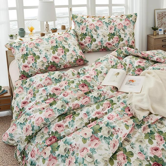 Rose Red Floral King Bedding Romantic Girls Comforter Set Soft Botanical Vintage & Country Home Decor for All Season
