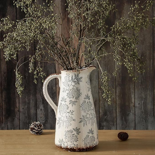 Enra Blue and White vase with Handle,12.2 inch Ceramic Vintage Decorative Flower Pitcher vase, Chinoiserie Floral Vase,Large Rustic Vases for Home Decors, Living Room, Bookshelf, Office