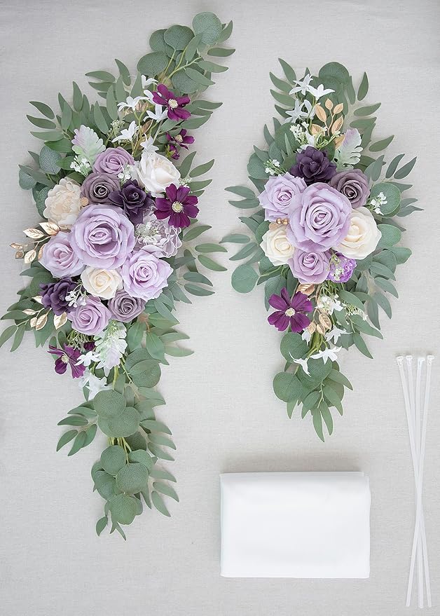 ponatia Wedding Arch Flowers with 26Ft Chiffon Fabric, Artificial Purple Flowers for Wedding Welcome Signs Decorations for Wedding Ceremony Reception (Lilac & Cream)