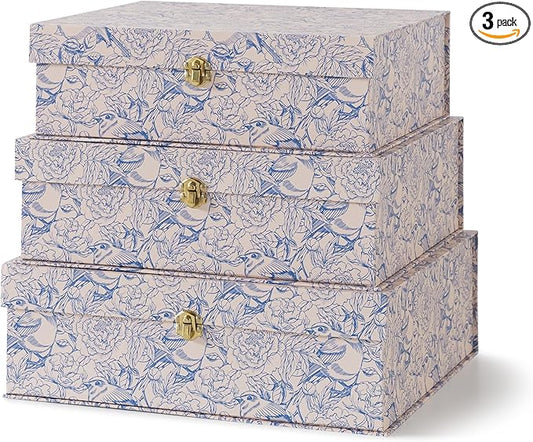 Soul & Lane Blue and White Floral Cardboard Decorative Storage Boxes with Gold Hardware - Set of 3, Aviary Garden - Stacking Boxes with Lids for Home Decor and Organizing, Elegant Design