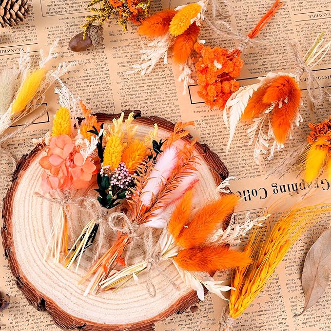 10 Pack Dried Flower Bouquets Mini Dried Flower with Stem Dried Embossing Natural Flower Bundles Artificial Flower Dried Floral Arrangement for Vase DIY Wedding Decor (Orange Series)